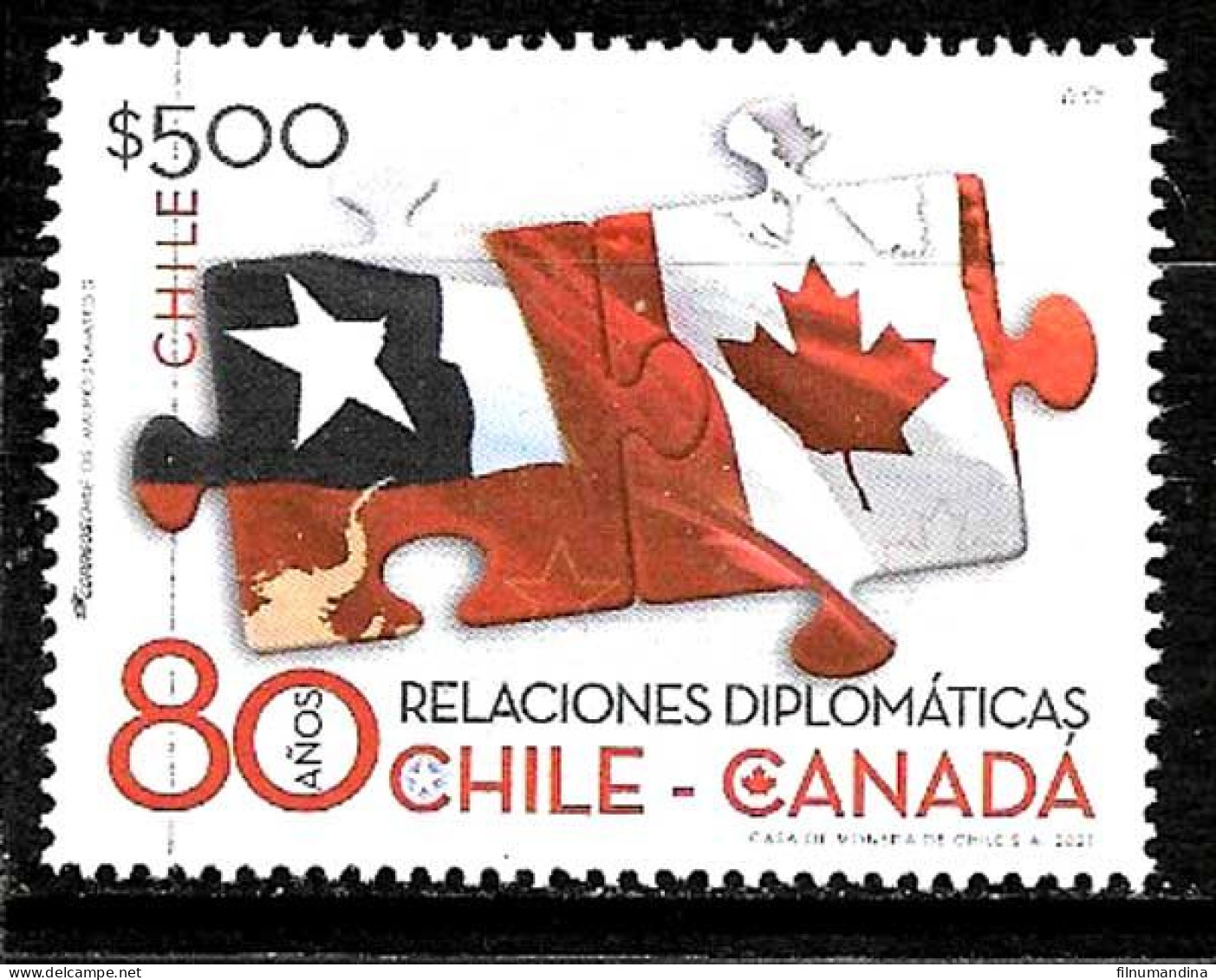 #2590 CHILE 2021 CANADA-CHILE  DIPLOMATIC RELATIONS ANIV  FLAGS YV 2175   MNH - Cile