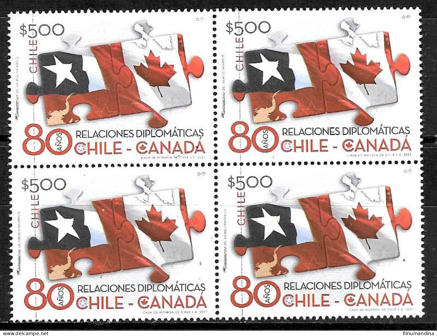 #2590A CHILE 2021 CANADA-CHILE  DIPLOMATIC RELATIONS ANIV  FLAGS BLOCx 4 YV 2175   MNH - Chile