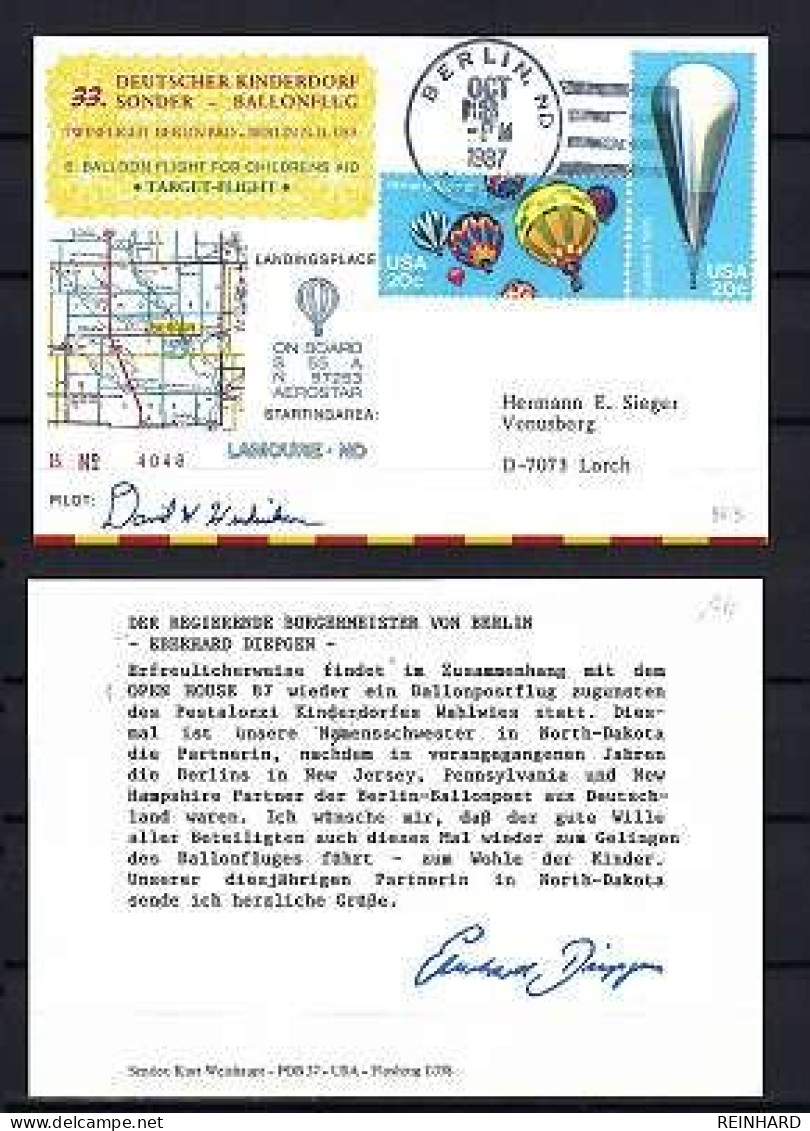 33. DEUTSCHER KINDERDORF SONDER-BALLONFLUG LAMOURE/ NORTH DAKOTA 3.10.1987 - Siehe Bild - Brieven En Documenten