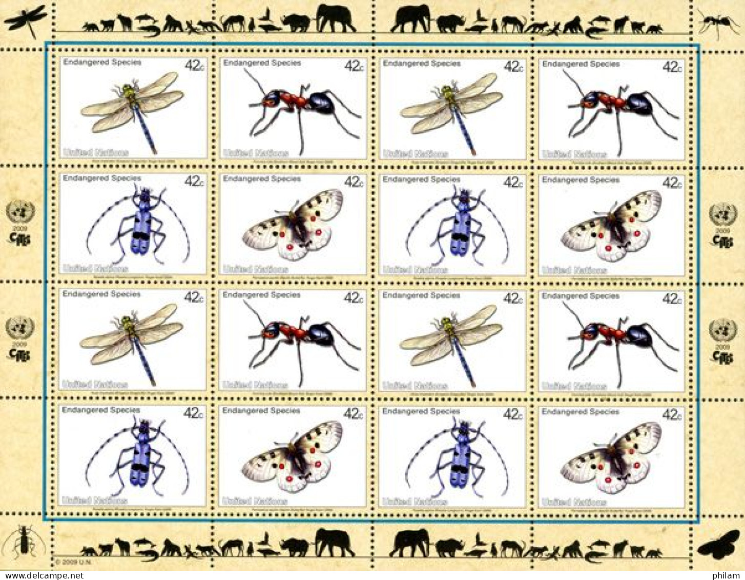 O.N.U. New York 2009 - Espèces Menacées - Insectes - Feuillet De 4 X 4 V. - Blocks & Sheetlets