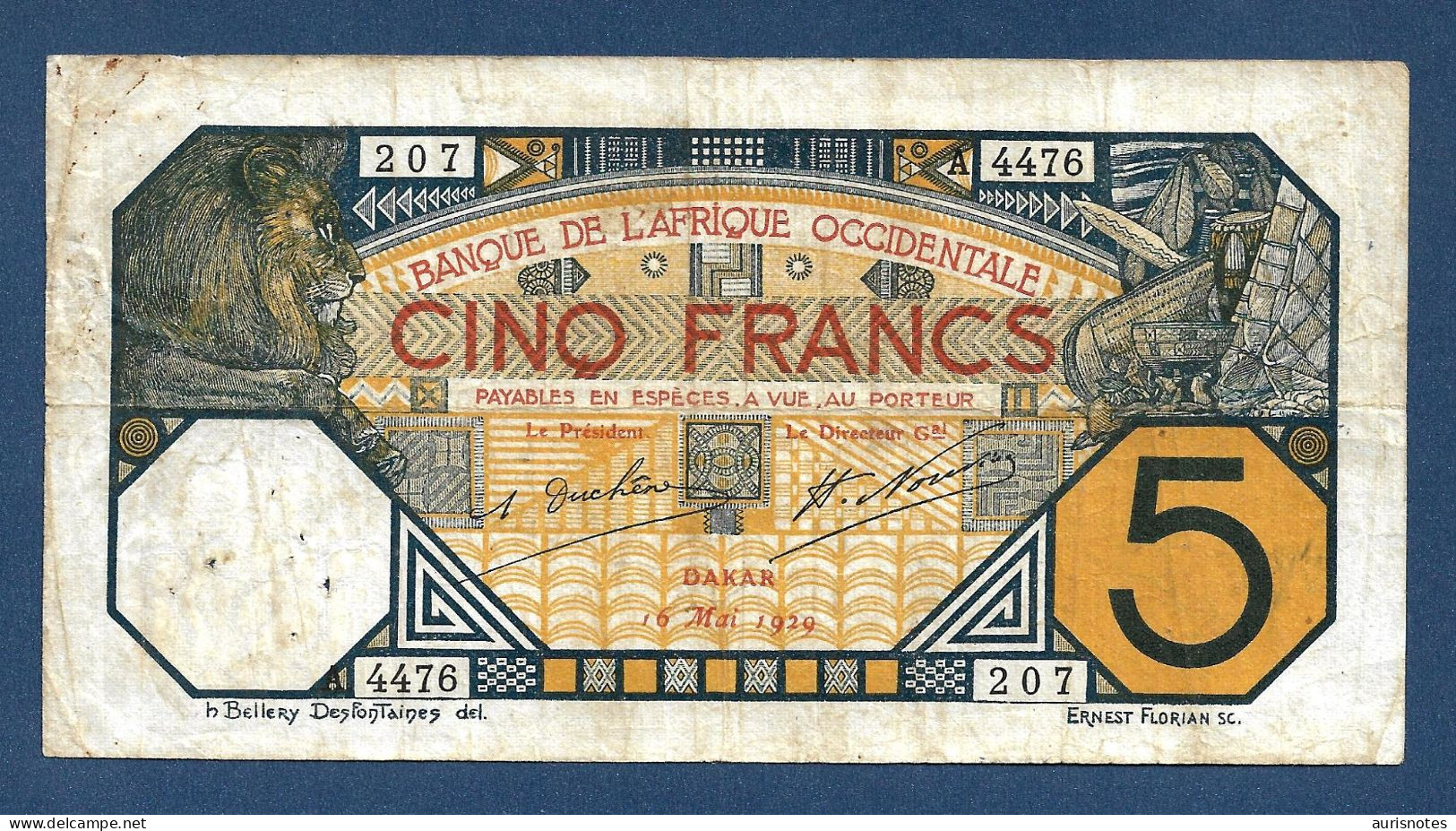 French West Africa 5 Francs 1929 P5Bf Fine/VF - West-Afrikaanse Staten
