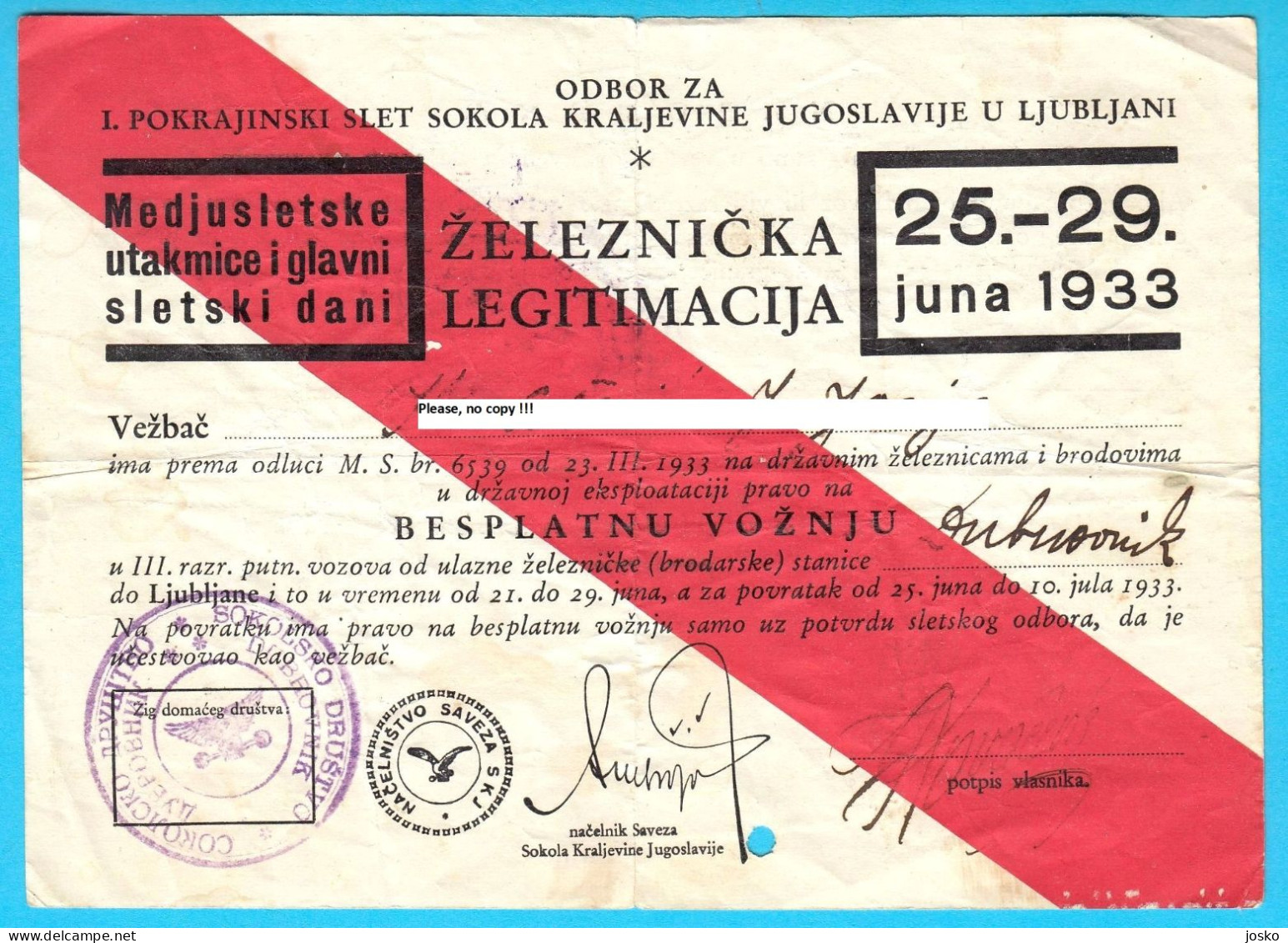 1st YUGOSLAVIA SOKOL MEETING IN LJUBLJANA (1933) Free 4-day Railway And Boat Ticket For One Participant RRR - Europa