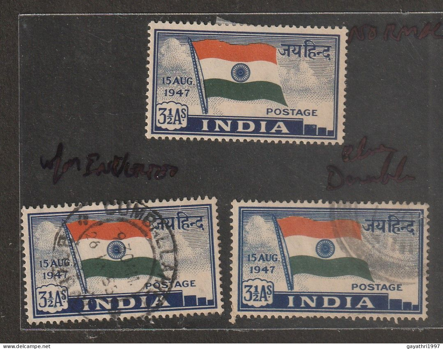 India ;Indian National Flag.  3 Stamps  ERRORS  1 WATERMARK INVRTETED (USED, FULL CANCELATION ) 2. SMUGED PRINT - Errors, Freaks & Oddities (EFO)