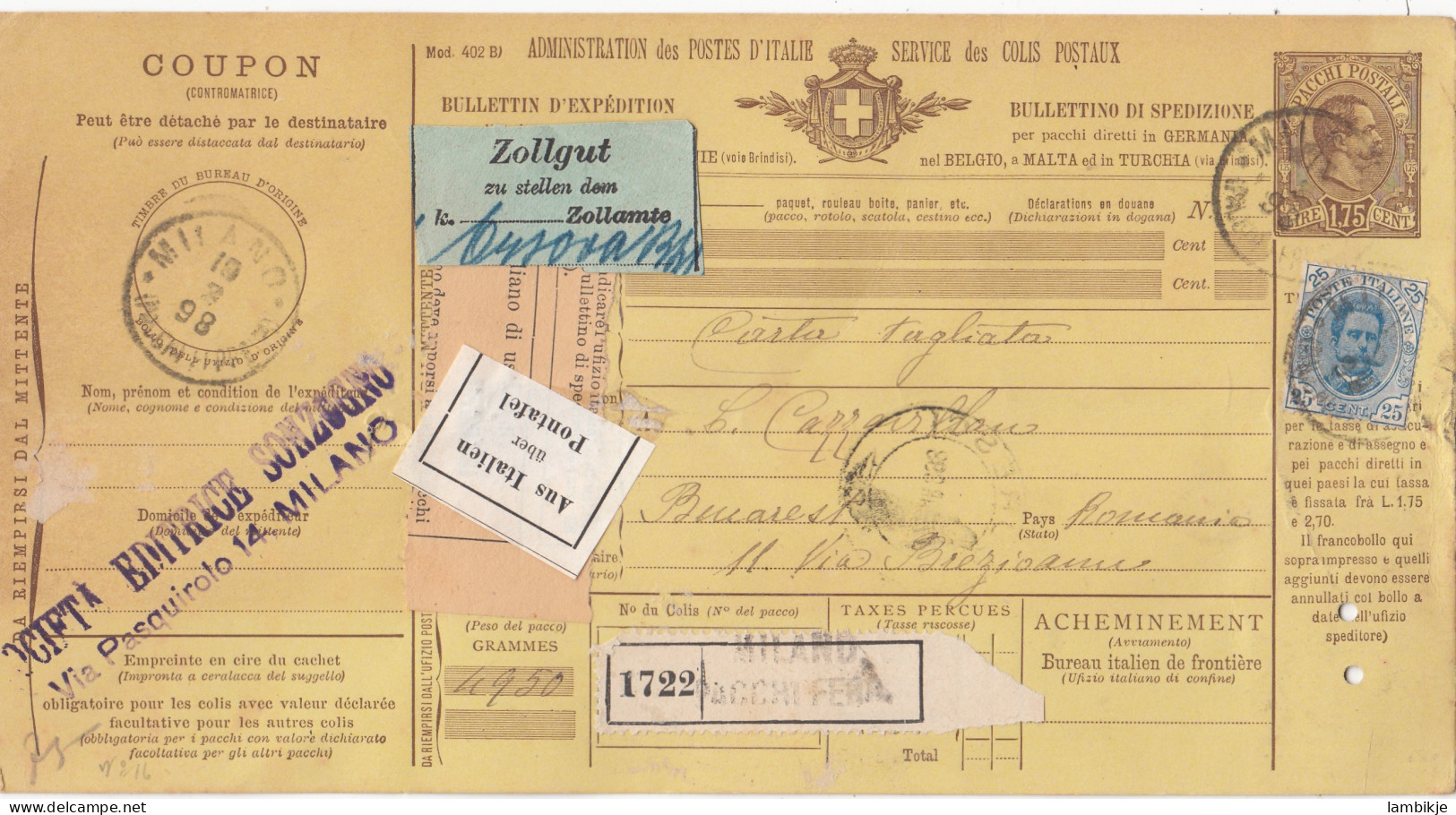 Italy  Paketkarte 1898 - Oblitérés