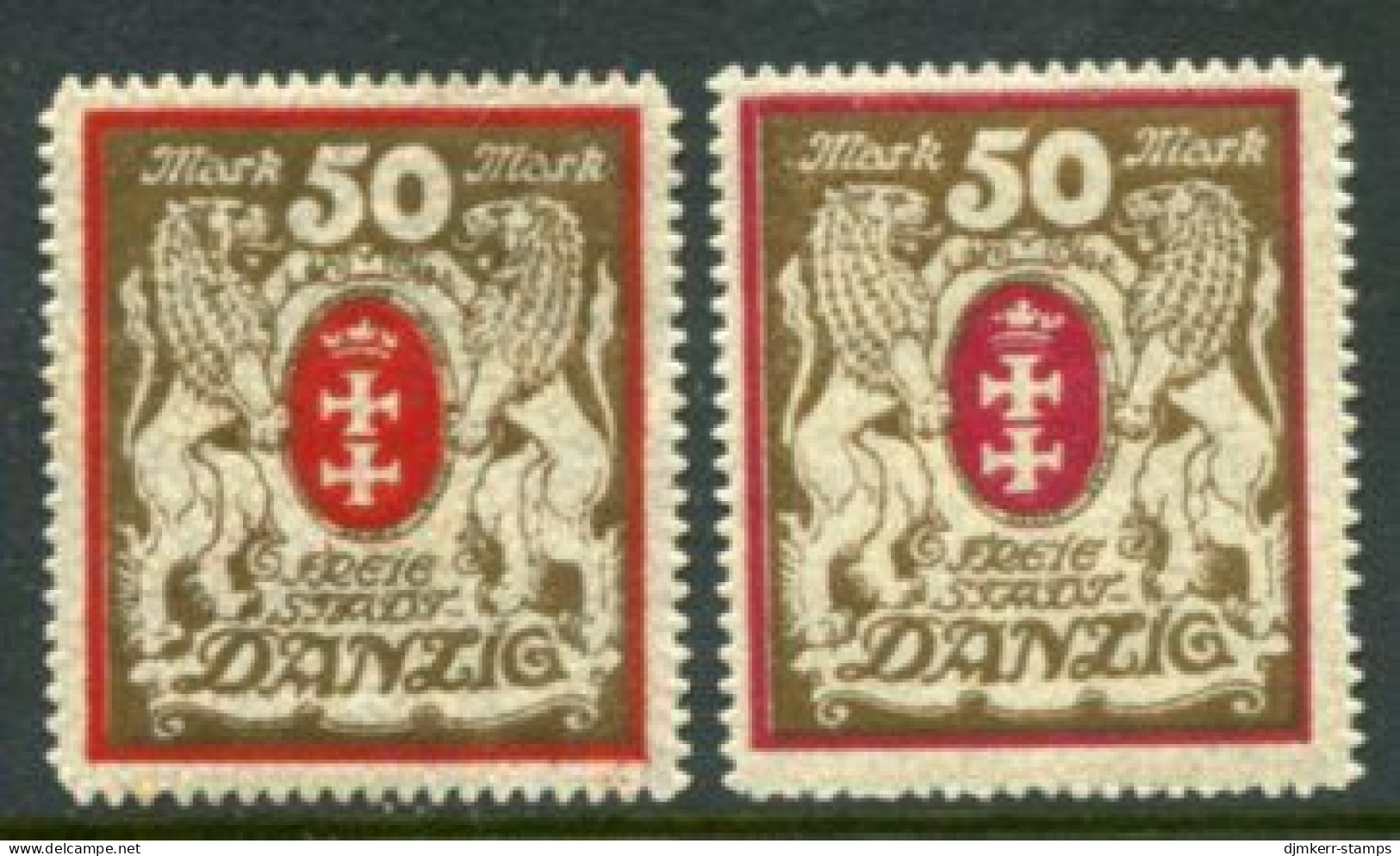 DANZIG 1922 Large Arms 50 Mk. Upright Watermark With Frames In Red And Carmine LHM / *.  Michel Spez.100Xa+b €72.50 - Nuovi