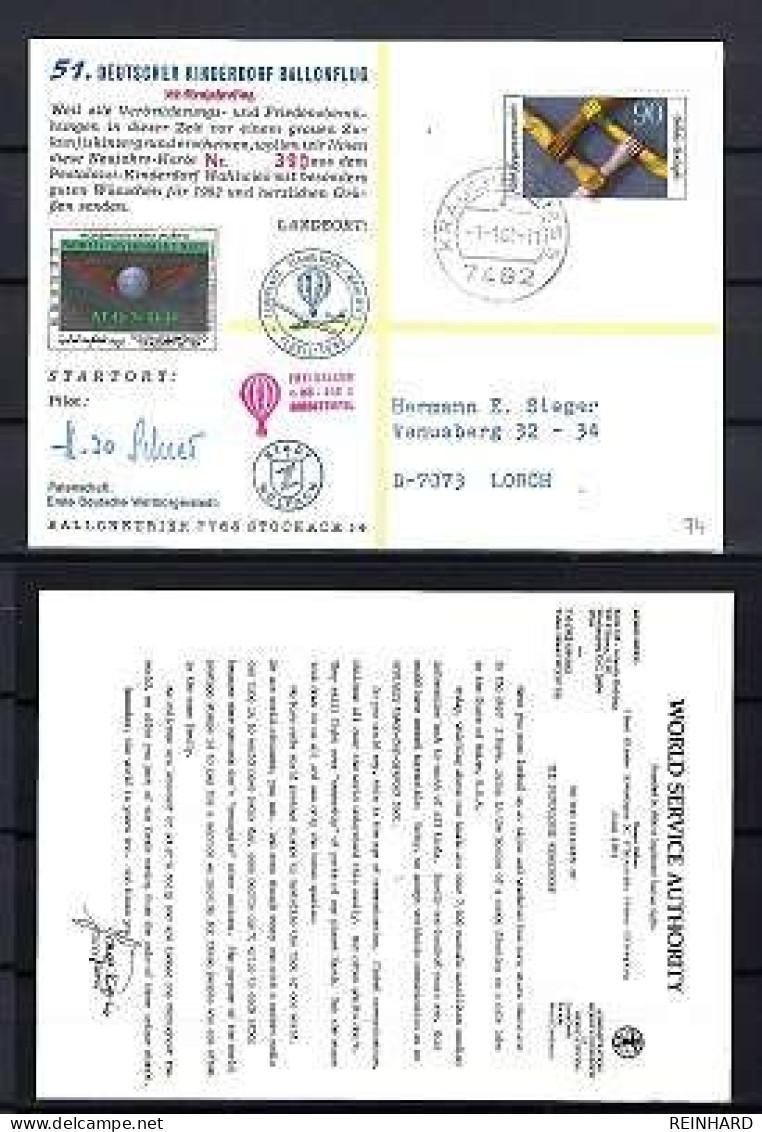 51. DEUTSCHER KINDERDORF BALLONFLUG WOLFACH - STAHRINGEN 1.1.1982 - Siehe Bild - Cartas & Documentos