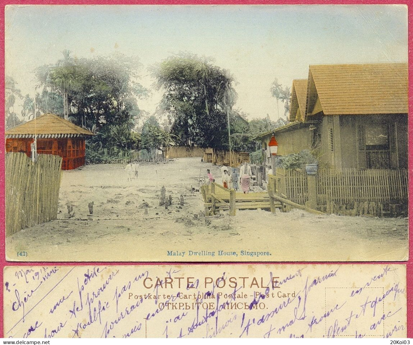 Malay Dwelling House Singapore (No 42) Kampong_CPA Vintage 1917 Verso_(n°PCard507)_cpc - Singapour