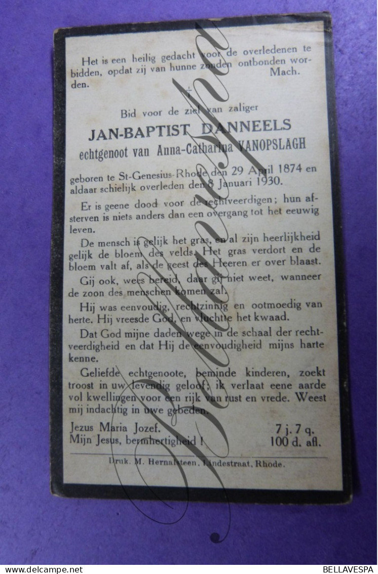 Jan DANNEELS Echt A.VANOPSLAGH St Genesius Rode 1874- 1930 - Todesanzeige