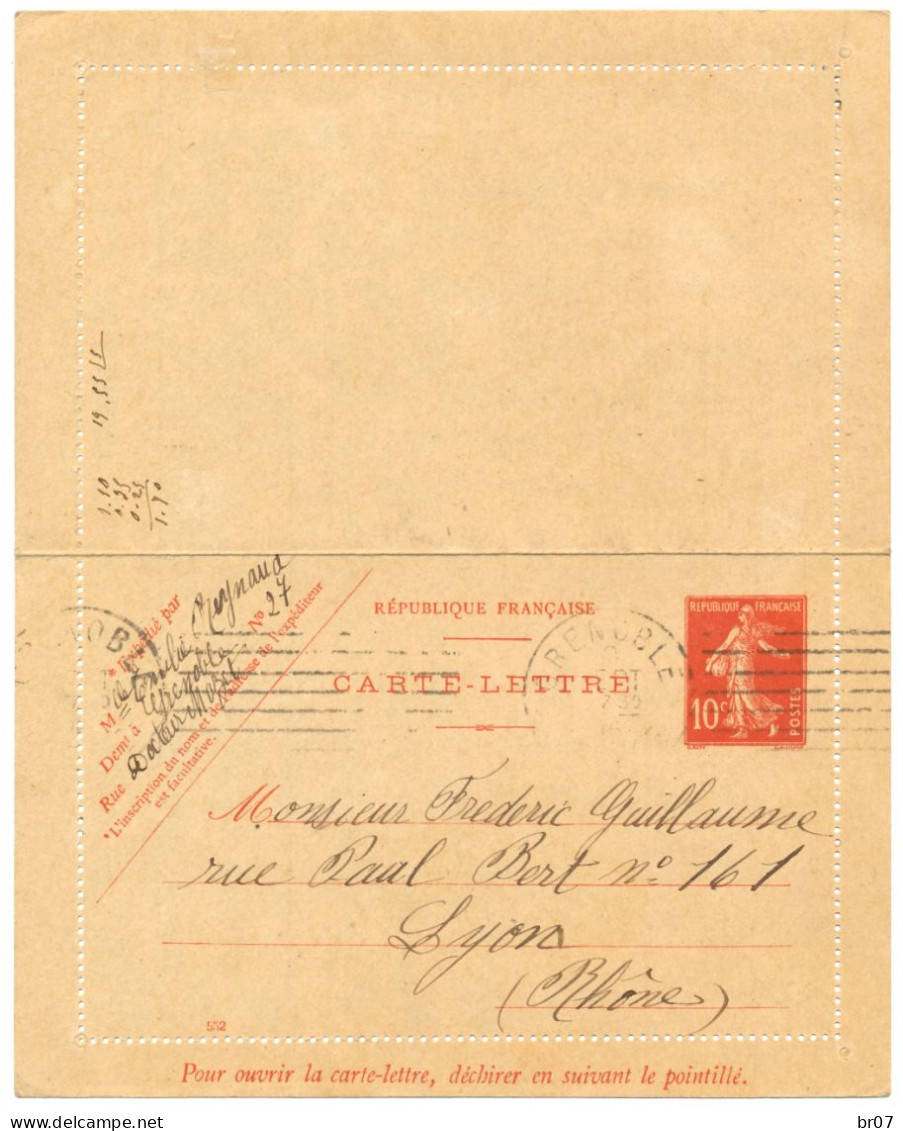 ISERE ENTIER CL 10C SEMEUSE AVEC SES BORDS ET AYANT CIRCULE RARE 1916 GRENOBLE - Cartes-lettres