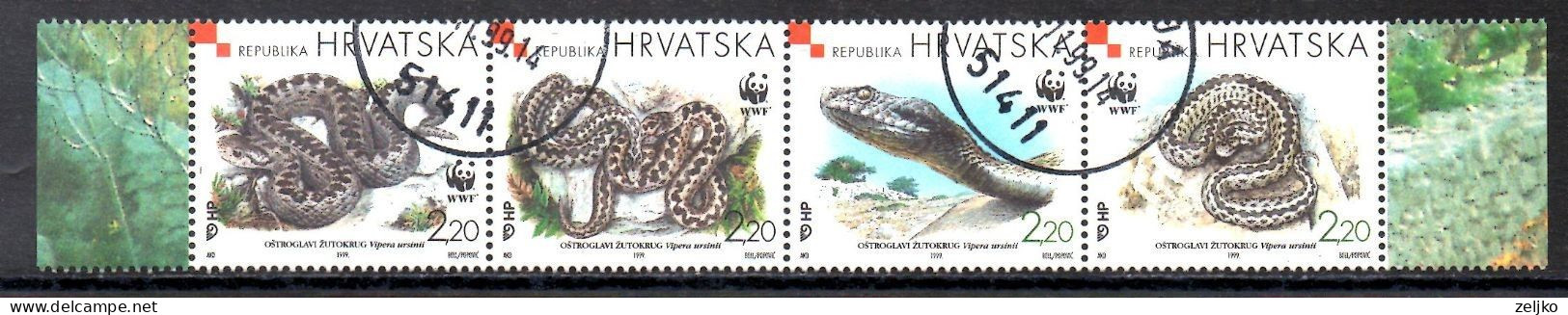 Croatia 1999, Used, Michel 500 - 503, Strip Of 4, Fauna, Snake - Kroatië