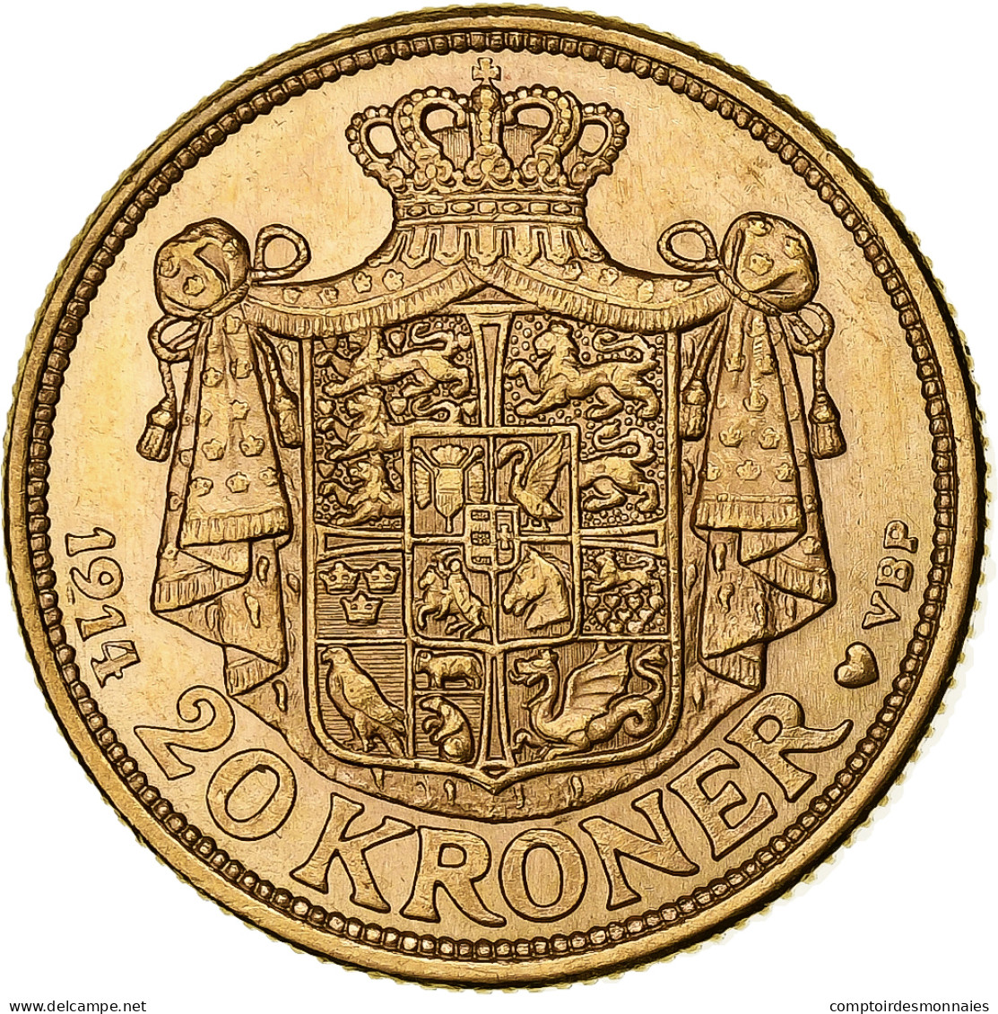 Danemark, Christian X, 20 Kroner, 1914, Copenhagen, Or, SUP, KM:817.1 - Dinamarca