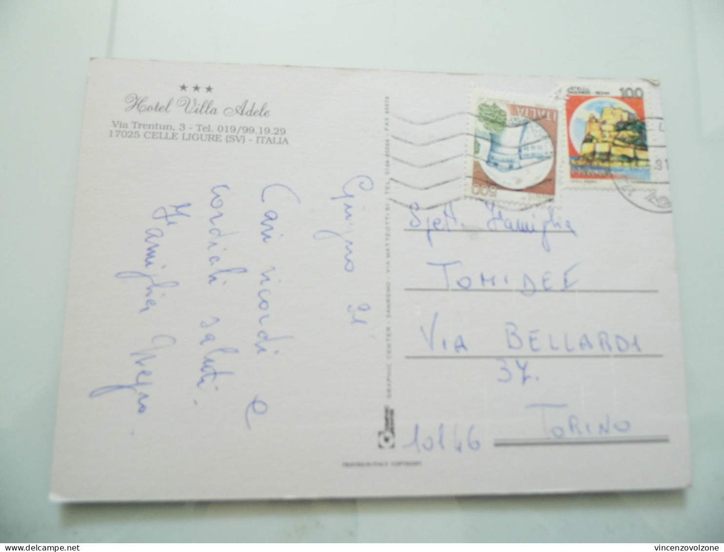 Cartolina Viaggiata "HOTEL VILLA ADELE CELLE LIGURE" Vedutine 1991 - Hotel's & Restaurants