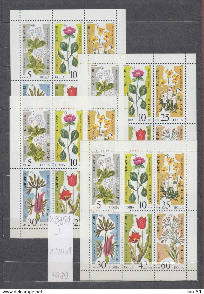 3754I  X 4 -  Bulgaria 1989 Plants Flowers M Sheet ** MNH /Gefahrdete Pflanzen - Gesneria Pfingstrose Veilchen - Unused Stamps