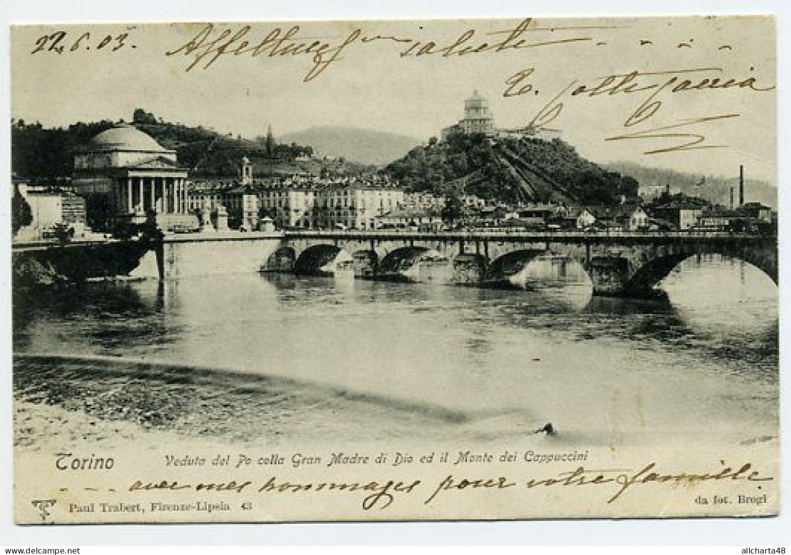 D5016] TORINO FIUME PO - PONTE - DIGA - GRAN MADRE - MONTE CAPPUCCINI Cartolina Viaggiata 1903 Retro Indiviso - Fiume Po