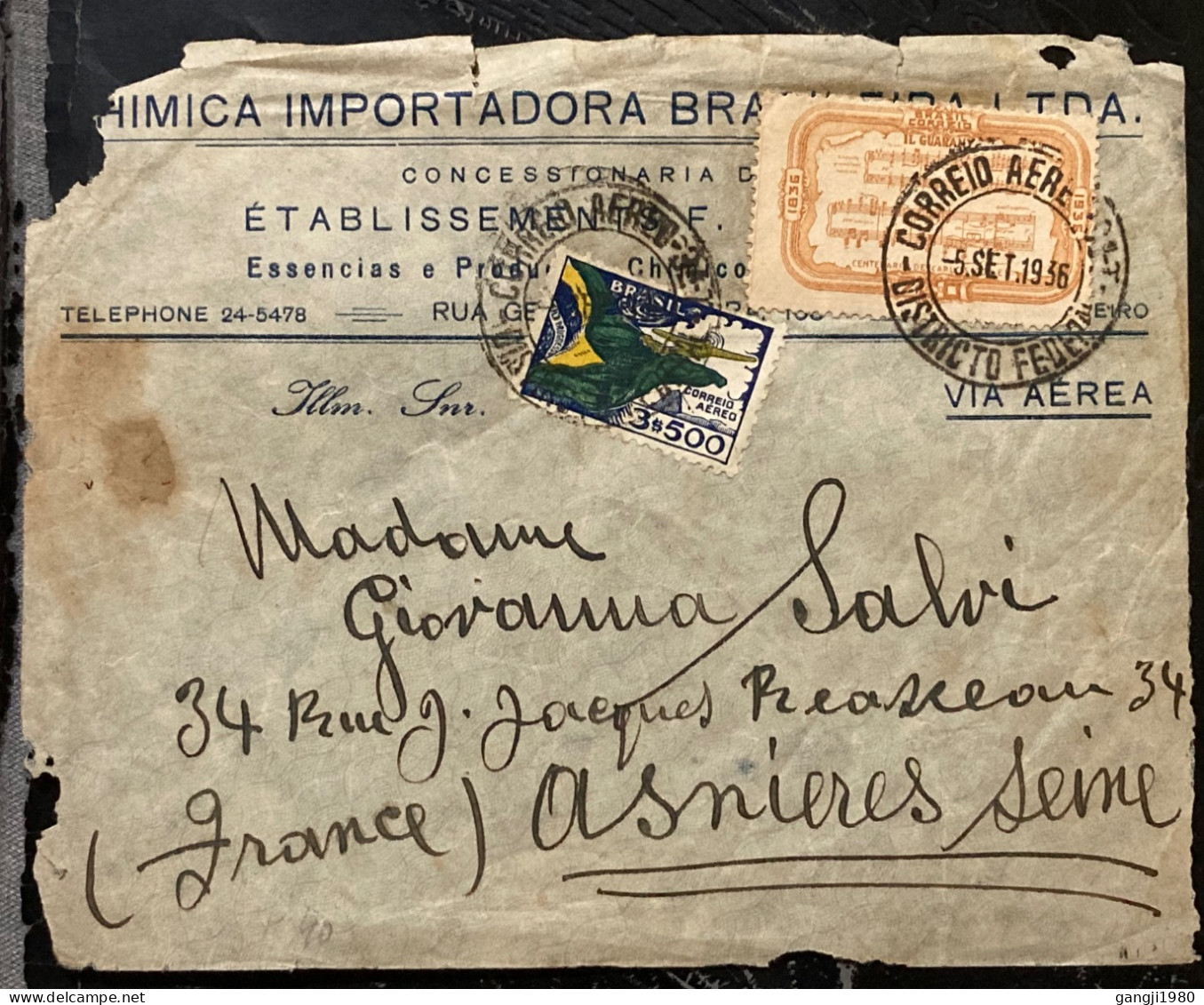 BRAZIL1936BRAZIL1936, ADVERTISING COVER, USED TO FRANCE, HEMICA IMPORTER OF ESSENCES, COMPOSER GOMES STAMP, PERFORATION - Storia Postale