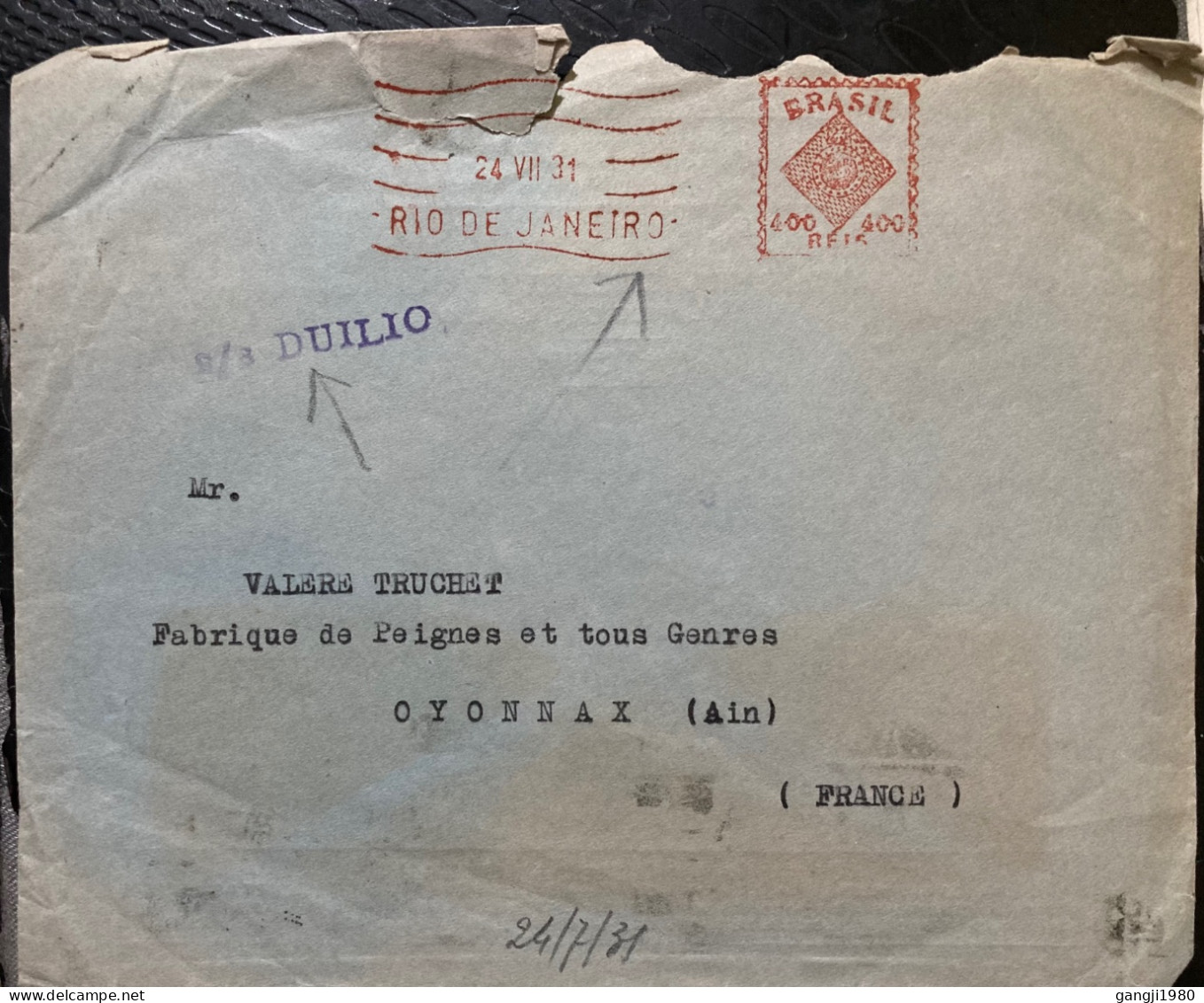 BRAZIL 1931, ADVERTISING COVER, USED TO FRANCE, FRENCH & ITALY BANK, METER CANCEL, SHIP MAIL BY S/S  DUILIO, - Brieven En Documenten