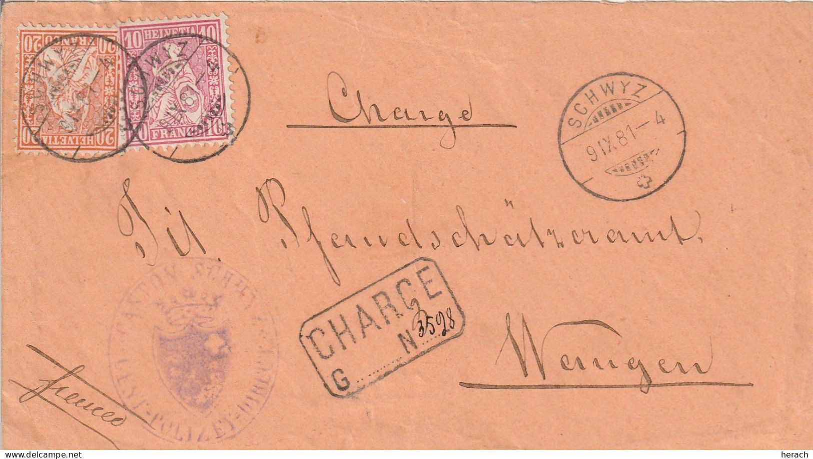 Suisse Lettre Chargée Schwyz 1881 - Poststempel