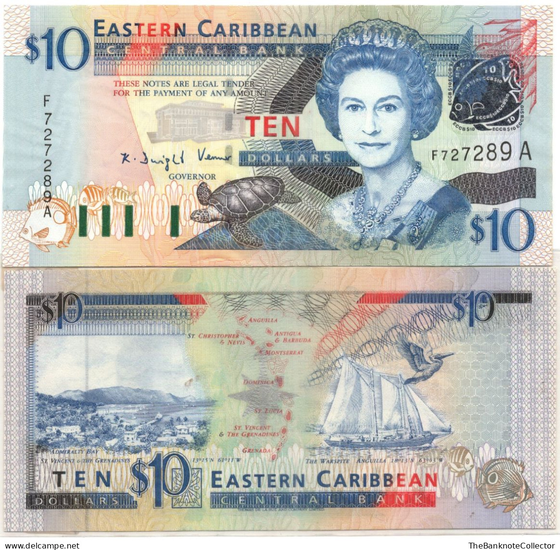 Eastern Caribbean 10 Dollars Antigua QEII P-32A UNC - East Carribeans