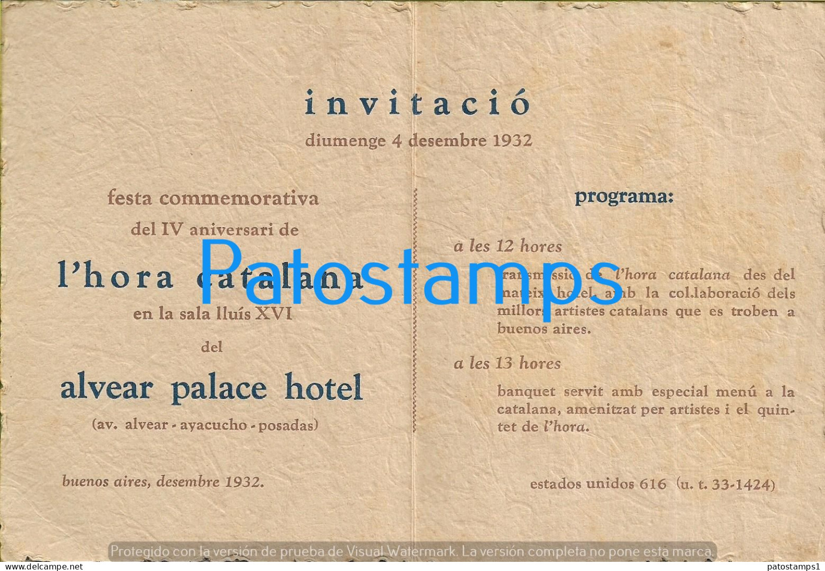 225830 ARGENTINA BUENOS AIRES ALVEAR PALACE HOTEL CATALAN TIME MEMORIAL PARTY INVITACION PROGRAMA AÑO 1932 NO POSTCARD - Argentine