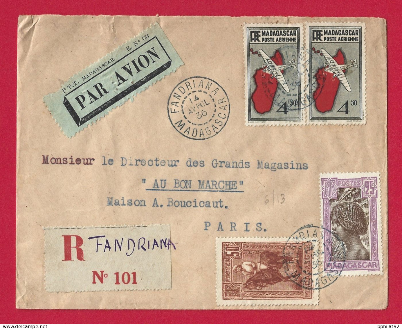 !!! MADAGASCAR, LETTRE RECOMMANDÉE PAR AVION DE FANDRIANA POUR PARIS DE 1936, CACHETS DE TRANSITS ET D'ARRIVÉE - Poste Aérienne