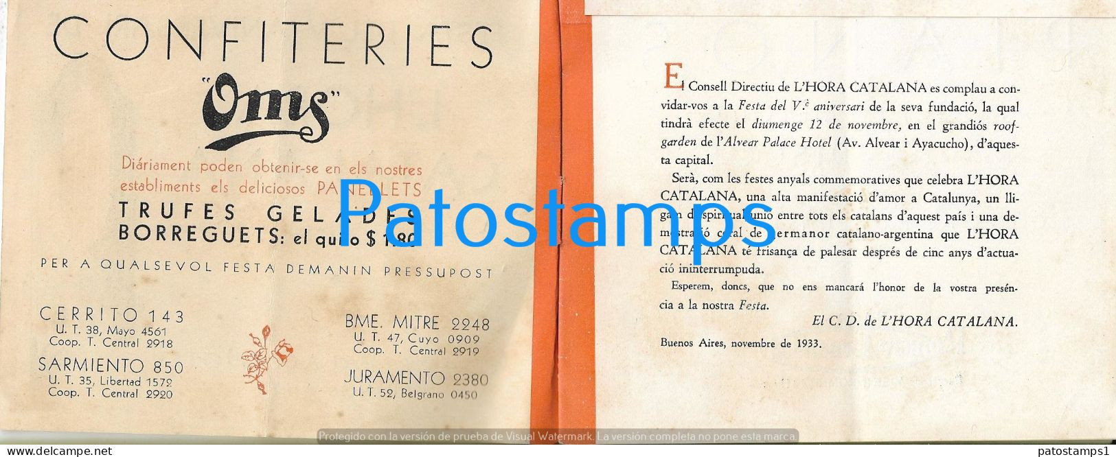 225832 ARGENTINA BUENOS AIRES ALVEAR PALACE HOTEL CATALAN TIME FIESTA V ANIVERSARIO AÑO 1933 PUBLICITY NO POSTCARD - Argentine