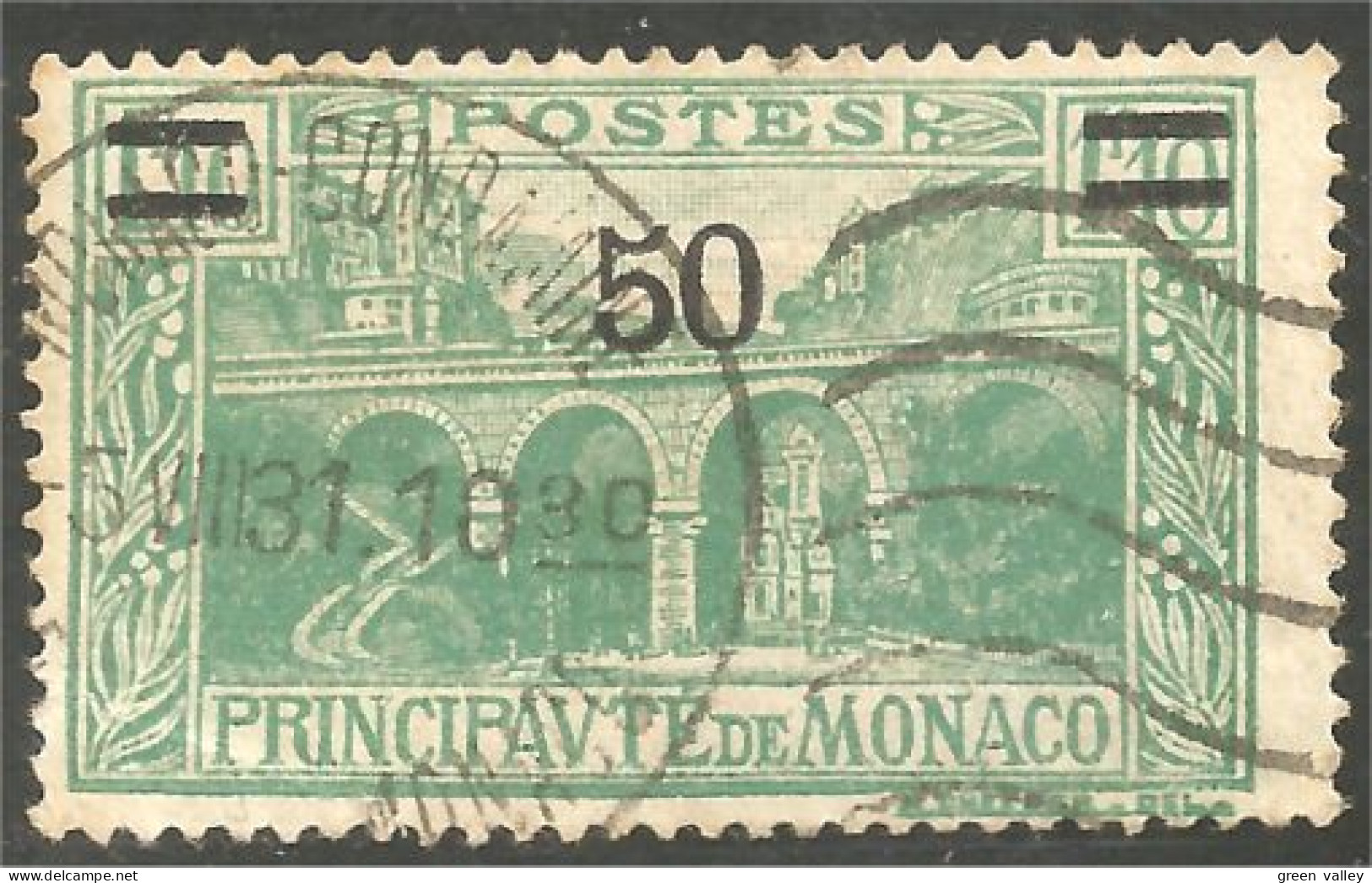 630 Monaco 1926 Yv 107 Pont 50c Surcharge 1f10 Vert Obl CONDAMINE (MON-174c) - Gebraucht