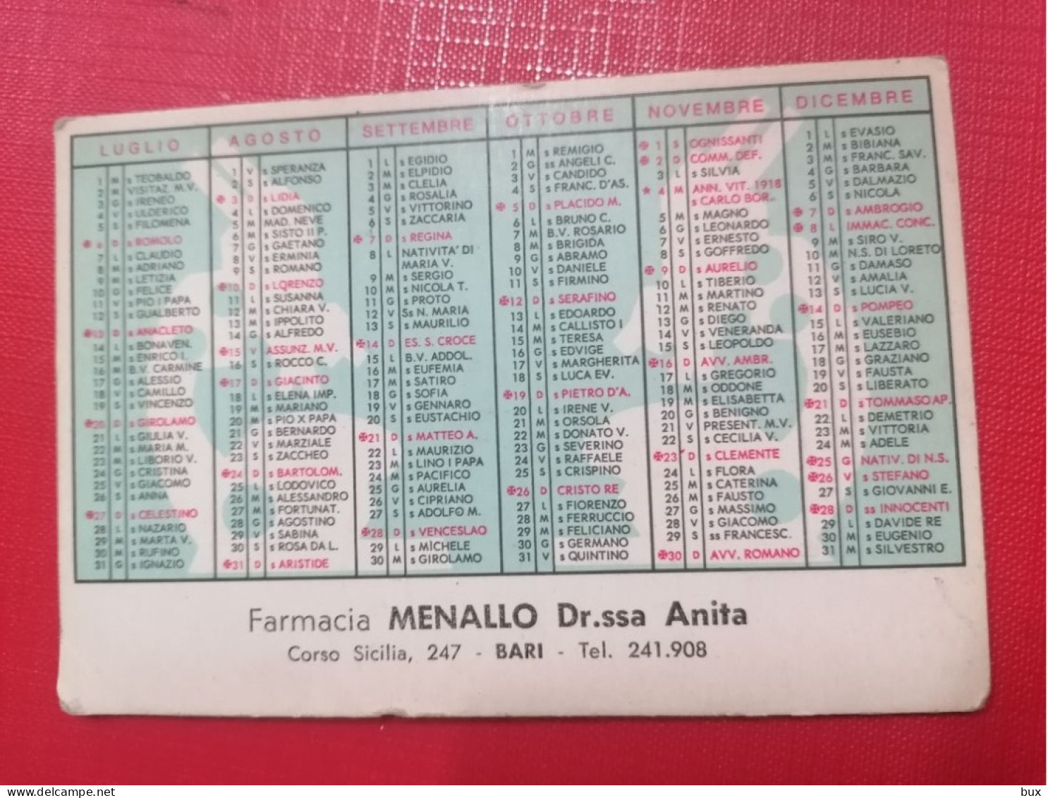 1969 Farmacia Menallo Bari Calendario Tascabile Pubblicitario Farmaceutico - Kleinformat : 1941-60