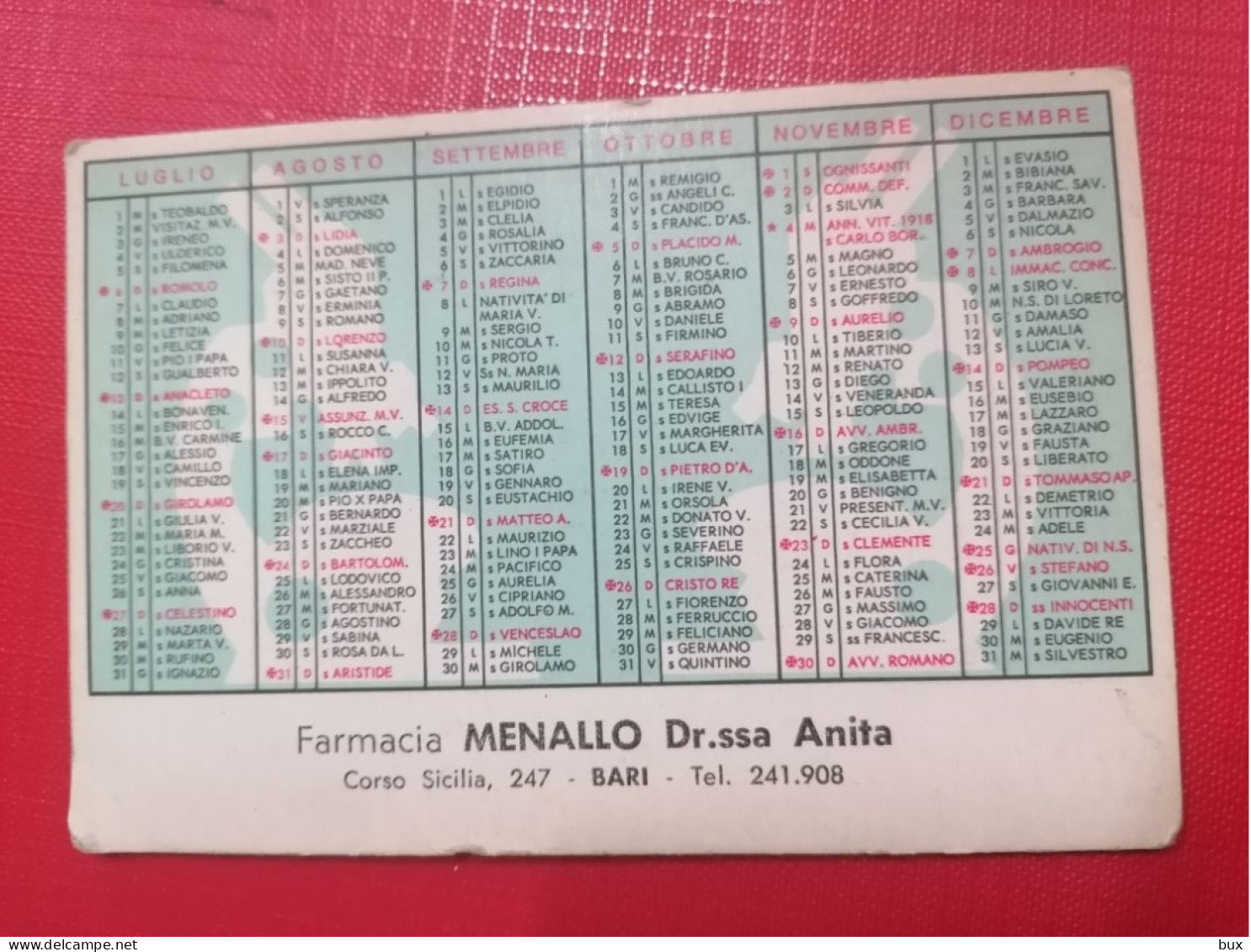 1969 Farmacia Menallo Bari Calendario Tascabile Pubblicitario Farmaceutico - Petit Format : 1941-60