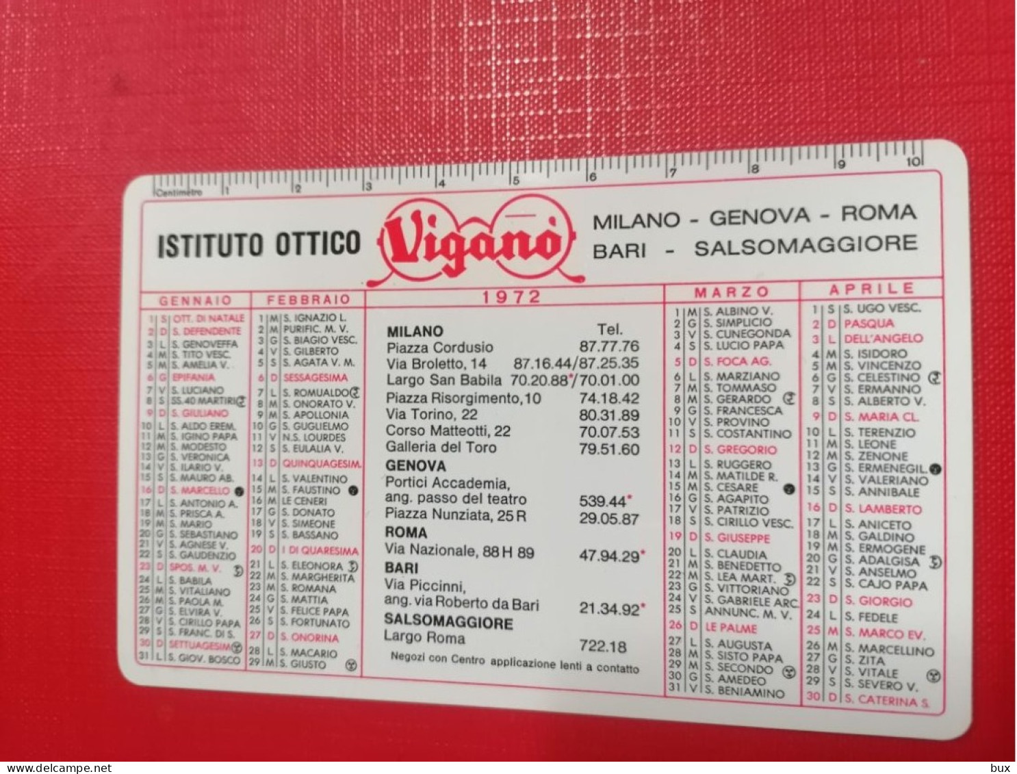 1972 Istituto Ottico Viganò Calendarietto Tascabile Pubblicità - Petit Format : 1971-80