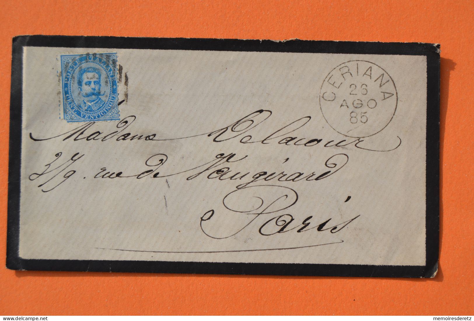 Italie Italia - Enveloppe Timbre Humbert 1er 25 Cent. - CERIANA 1885 Pour Paris France - Autres & Non Classés