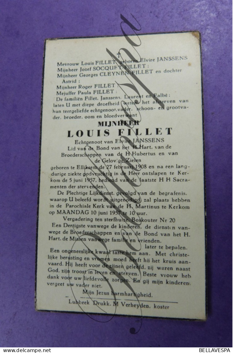 Louis FILLET Echt Elvire JANSSENS Eliksem 1908- Kerkom 1957 - Obituary Notices