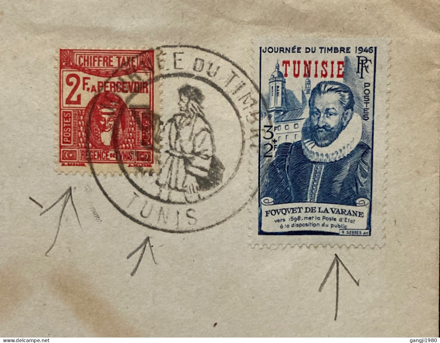 TUNISITUNISIA 1946, PRIVATE PRINT, LIMITED ISSUE, STAMP DAY COVER USED, STATUE DUE STAMP, POSTMAN CACHET, LA-VARANE, ILL - Tunisia (1956-...)