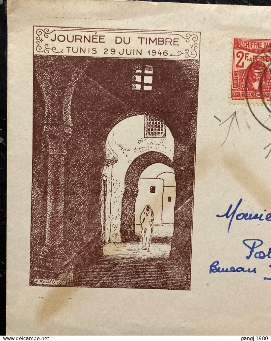 TUNISITUNISIA 1946, PRIVATE PRINT, LIMITED ISSUE, STAMP DAY COVER USED, STATUE DUE STAMP, POSTMAN CACHET, LA-VARANE, ILL - Tunisia (1956-...)