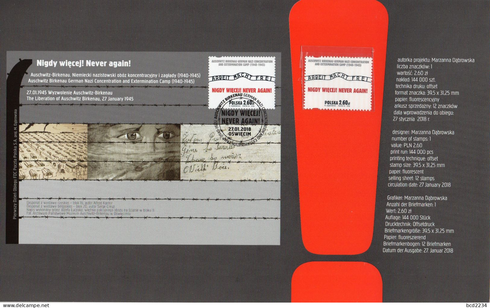 POLAND 2018 POLISH POST OFFICE SPECIAL LIMITED EDITION FOLDER: NEVER AGAIN AUSCHWITZ NAZI GERMANY WW2 DEATH CAMP JUDAICA - Lettres & Documents