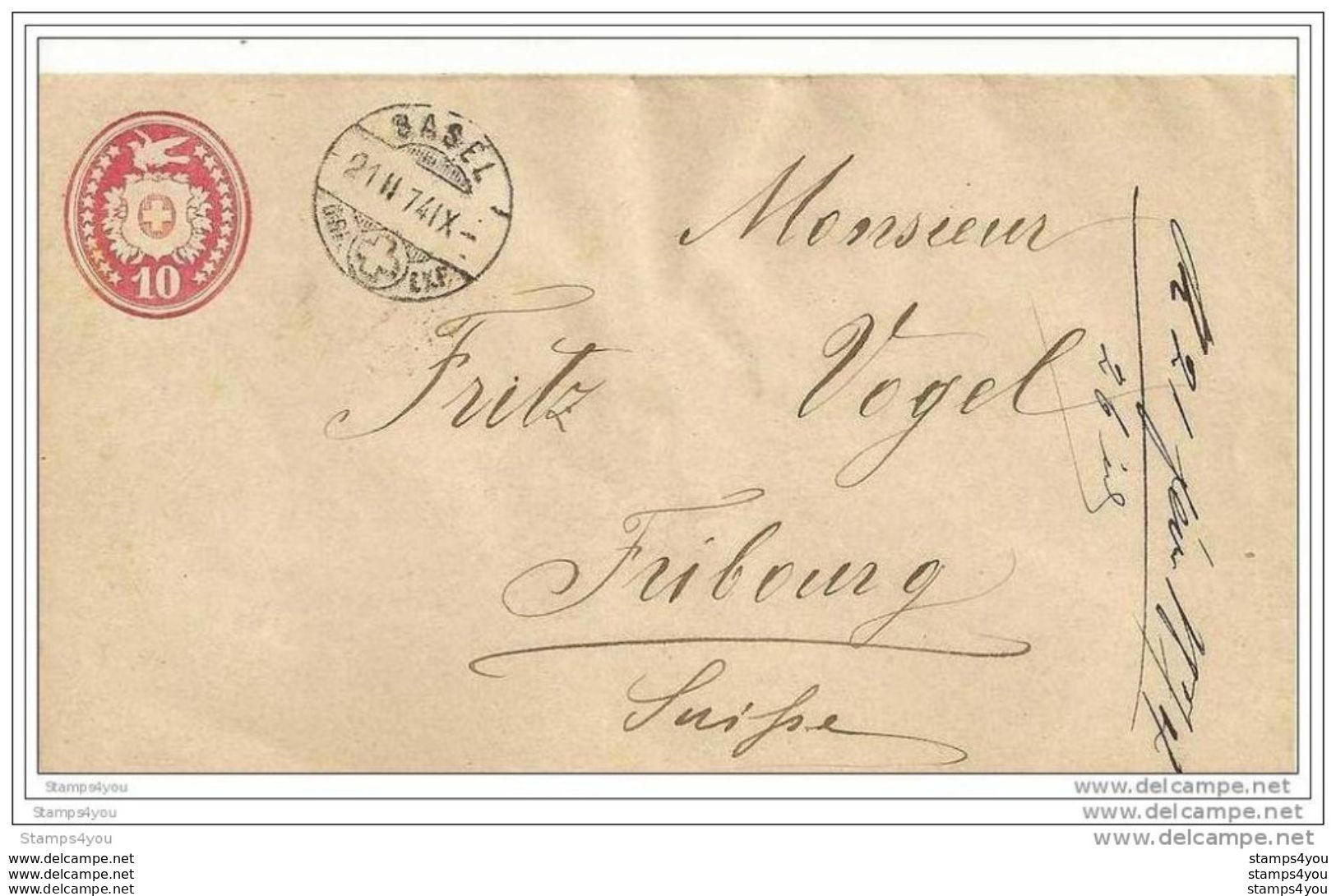 28-62 - Entier Postal Suisse 10cts Envoyé De Basel 1874 - Interi Postali