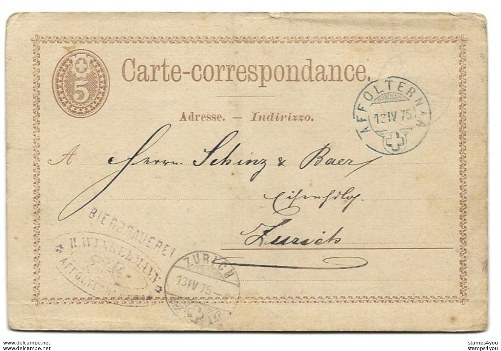 24 - 16 - Entier Postal Avec Cachet à Date Affoltern 1875 - Interi Postali