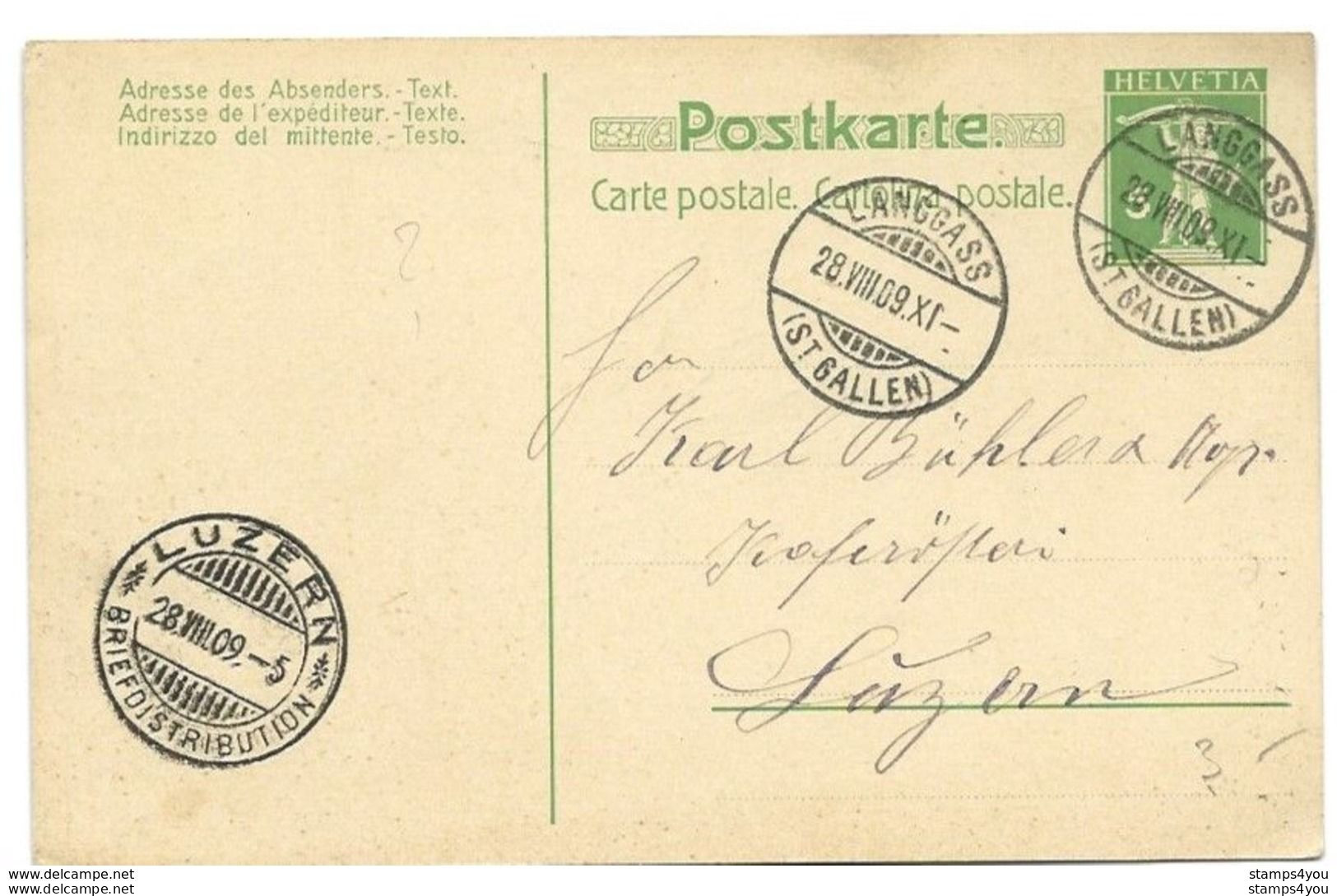 24 - 21 - Entier Postal Avec Superbes Cachets à Date Langgasse Et Luzern 1909 - Interi Postali