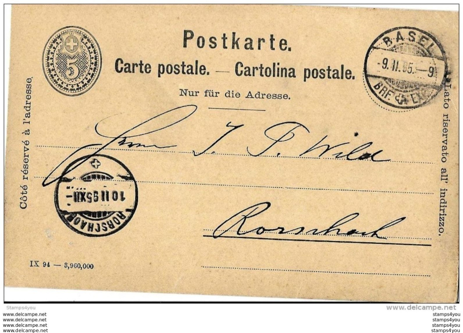 24 - 68 - Entier Postal  5cts Envoyé De Basel à Rorschach 1895 - Interi Postali