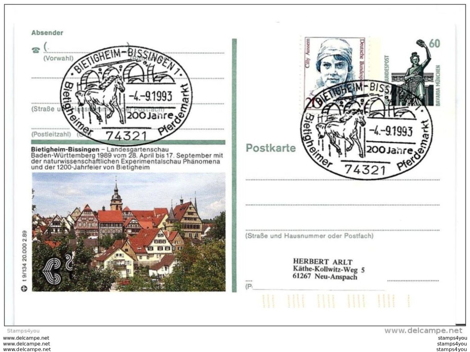 78 - 82 - Entier Postal Allemand Avec Oblit Spéciale De Bietigheim-Bissingen "Pferdemarkt 1993 - Horses