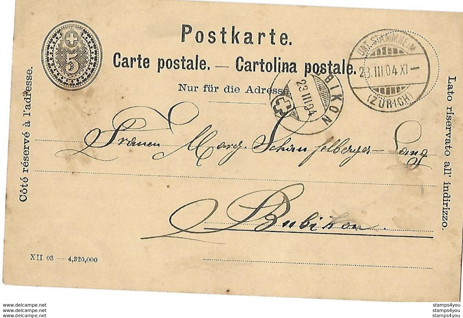 162 - 66 - Entier Postal Avec Superbes Cachets à Date Unt. Stammheim Et Bubikon 1904 - Interi Postali