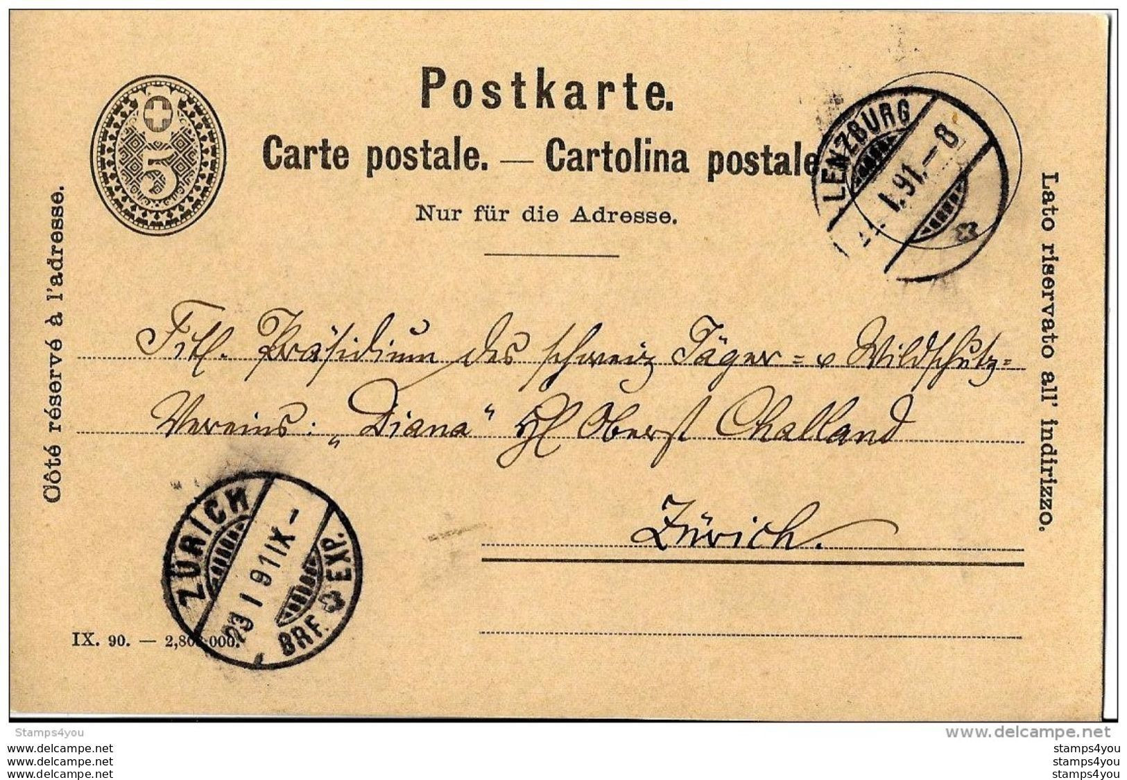 88 - 65 - Entier Postal  5cts Cachets à Date Lenzburg Et Zürich 1891 - Interi Postali