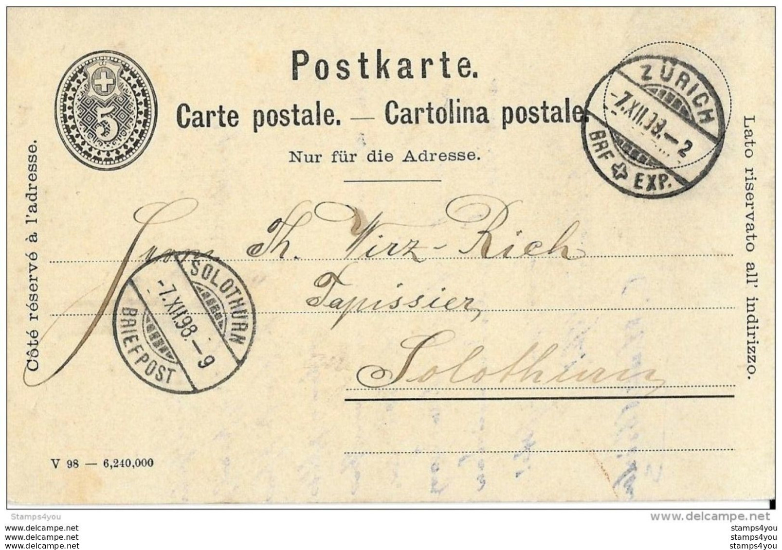 21-23 - Entier Postal 5 Cts Avec Cachets à Date De Zürich Et Solothurn 1898 - Interi Postali