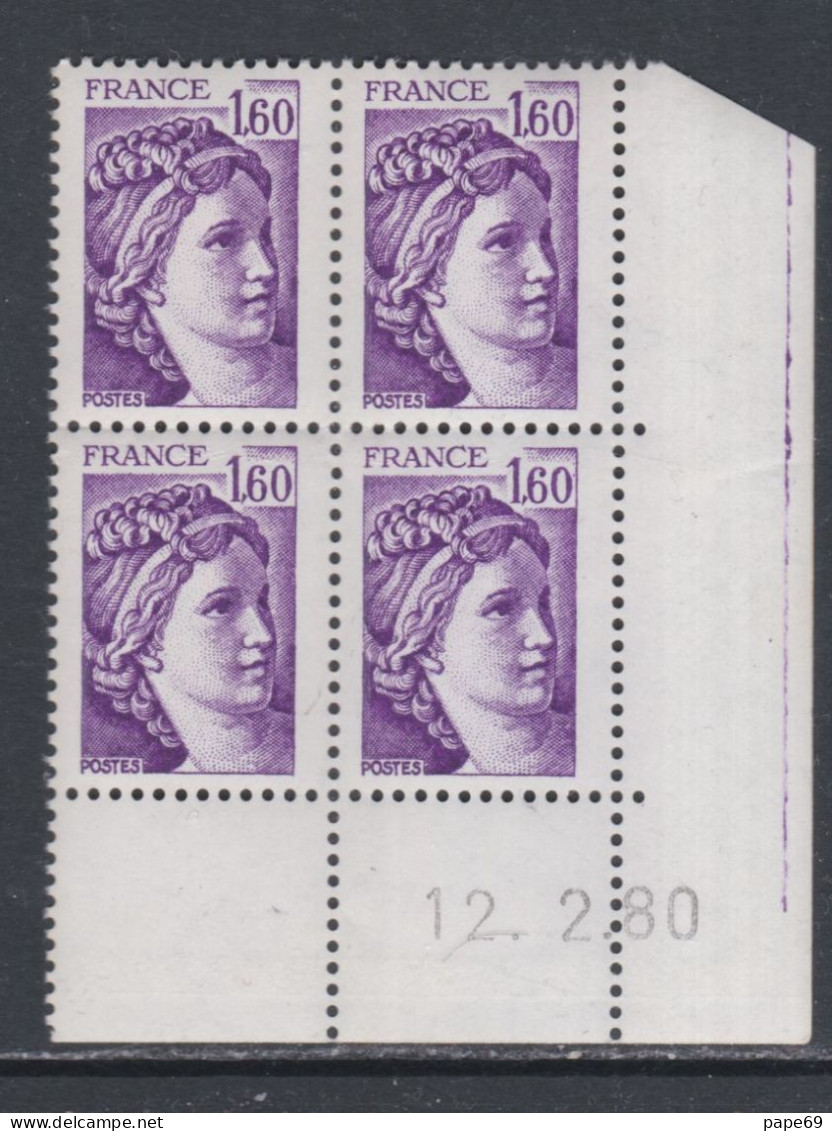 France N°2060  Type Sabine : 1 F. 60  Violet En Bloc De 4 Coin Daté  Du  12 . 2 . 80 ; Sans Trait, Sans Charnière TB - 1970-1979