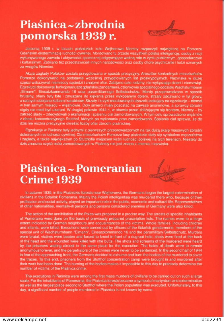 POLAND 2019 LIMITED EDITION FOLDER: PIASNICA WEJHEROWO CRIME WW2 1939 NAZI GERMANY EXTERMINATION POLISH INTELLIGENCIA - Covers & Documents