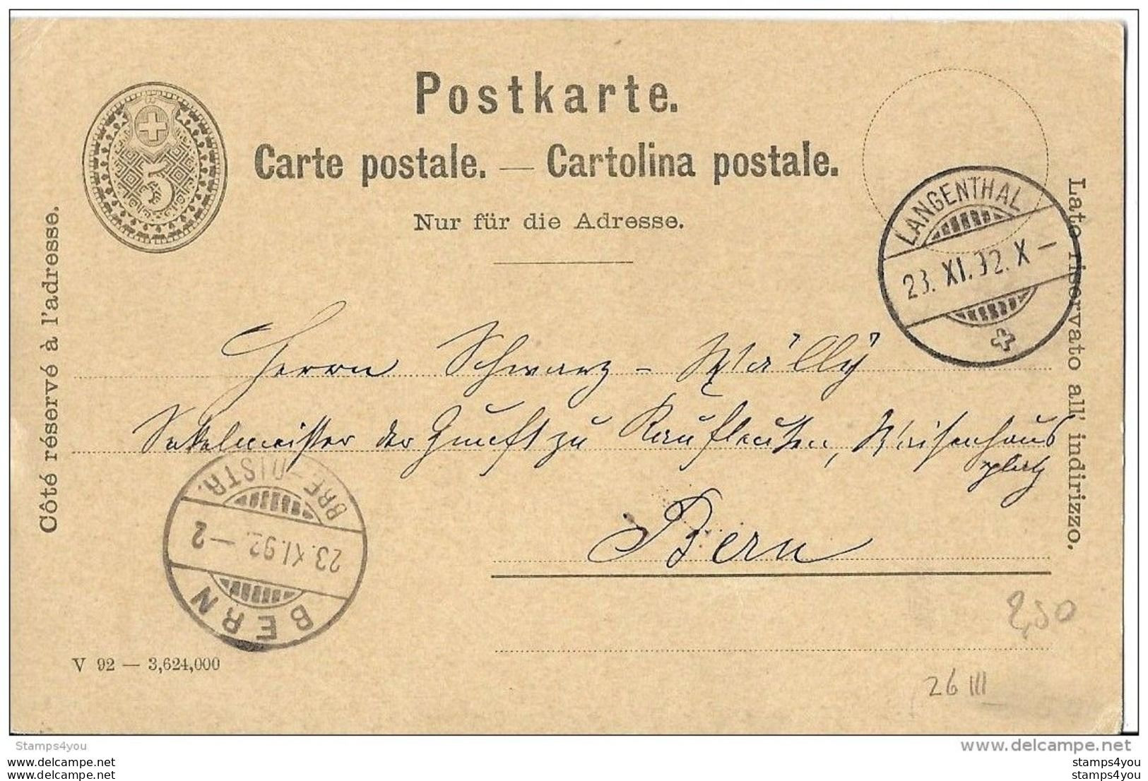 21 - 26 - Entier Postal Avec Superbes Cachets à Date De Langenthal Et Bern 1892 - Interi Postali