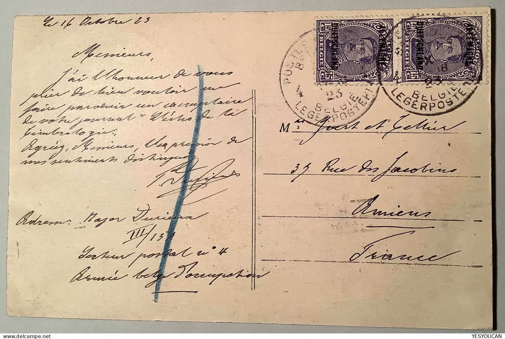 R ! Belgische Militärpost Im Rheinland 1919 Mi.5 1923>Amiens France (WW1 Poste Militaire Lettre Cover Ak Belgien Belgium - OC38/54 Belgische Besetzung In Deutschland