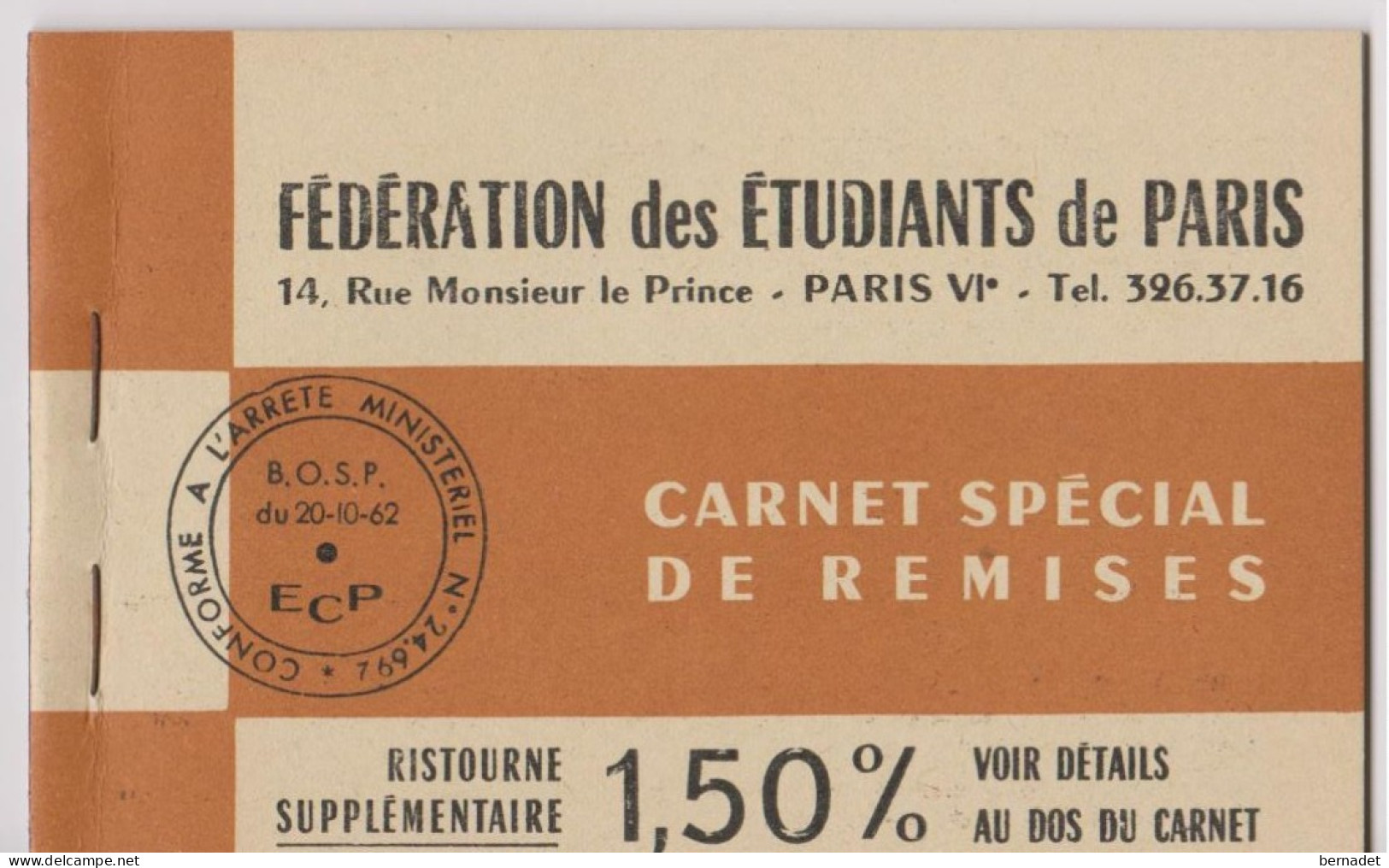 CARNET SPECIAL DE REMISES . 1962  FEDERATION DES ETUDIANTS DE PARIS . - Chèques & Chèques De Voyage