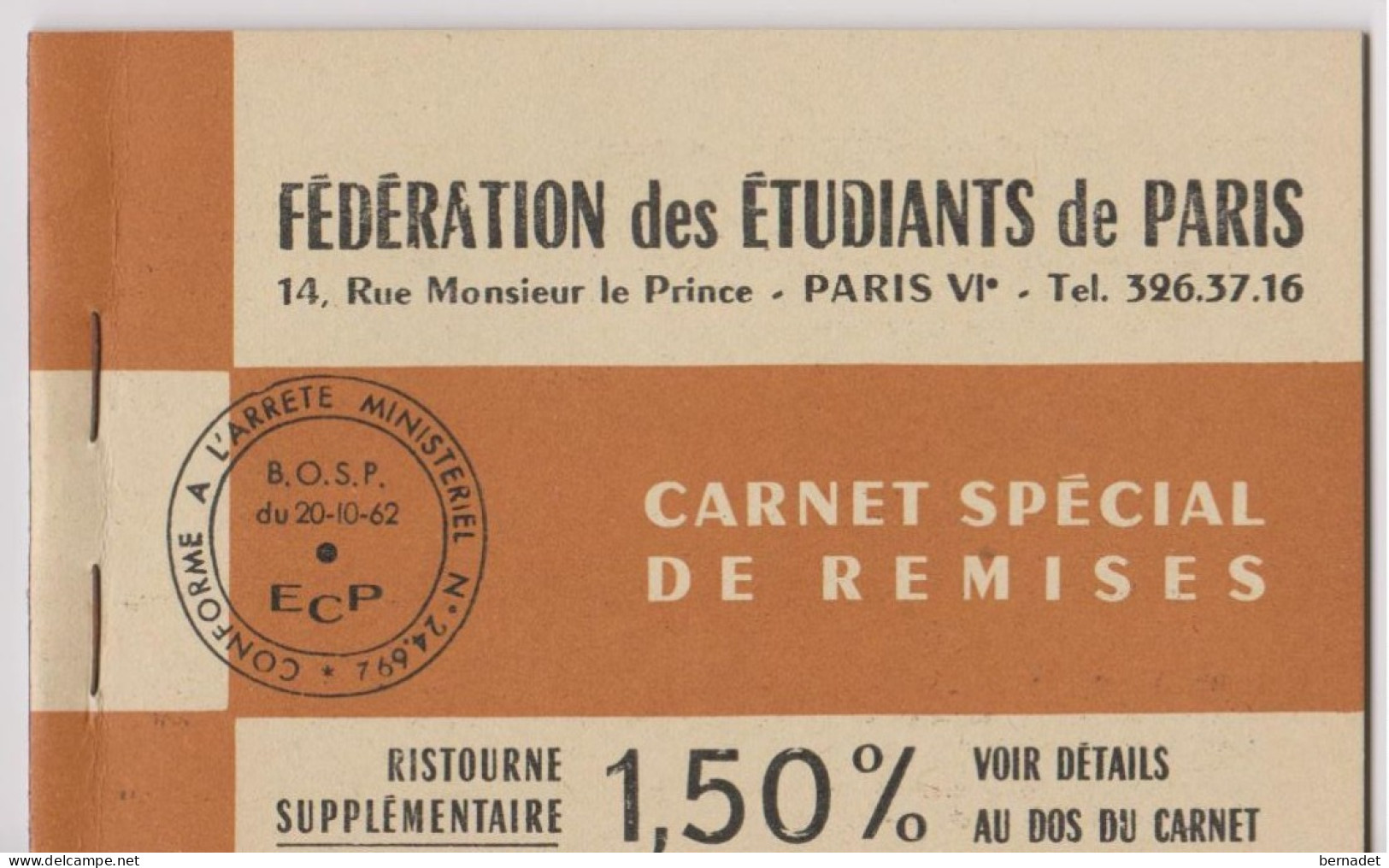 CARNET SPECIAL DE REMISES . 1962  FEDERATION DES ETUDIANTS DE PARIS . - Schecks  Und Reiseschecks