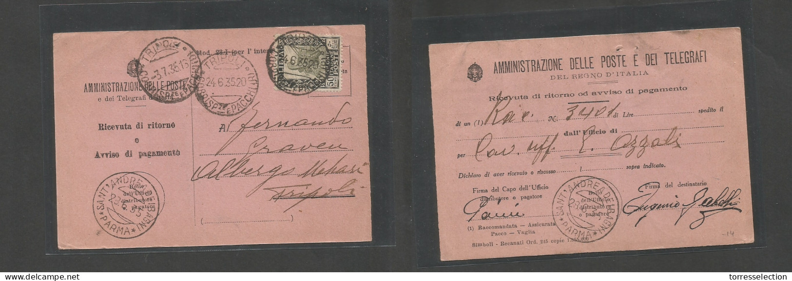 LIBIA. 1935 (14 June) Italian Admin. Tripoli Local Po Fkd Card. Parma, St. Andrea Heibagi. Advide Of Payment. - Libye