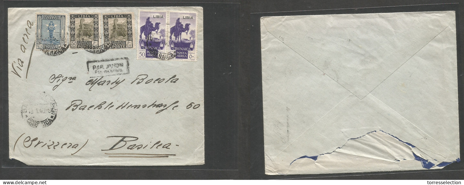 LIBIA. 1940 (18 Jan) Italy Postal Admin. Cirenaica - Switzerland, Basel. Air Multifkd Env, Tied Cds. - Libië